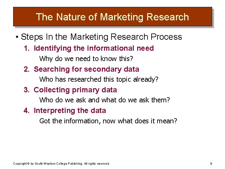 The Nature of Marketing Research • Steps In the Marketing Research Process 1. Identifying