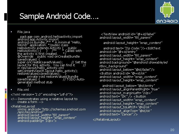 Sample Android Code…. File. java package com. android. helloactivity; import android. app. Activity; import