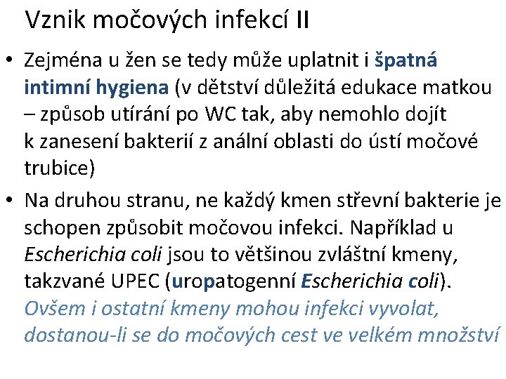 Vznik močových infekcí II • Zejména u žen se tedy může uplatnit i špatná