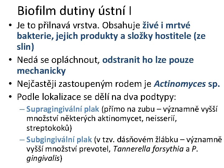 Biofilm dutiny ústní I • Je to přilnavá vrstva. Obsahuje živé i mrtvé bakterie,