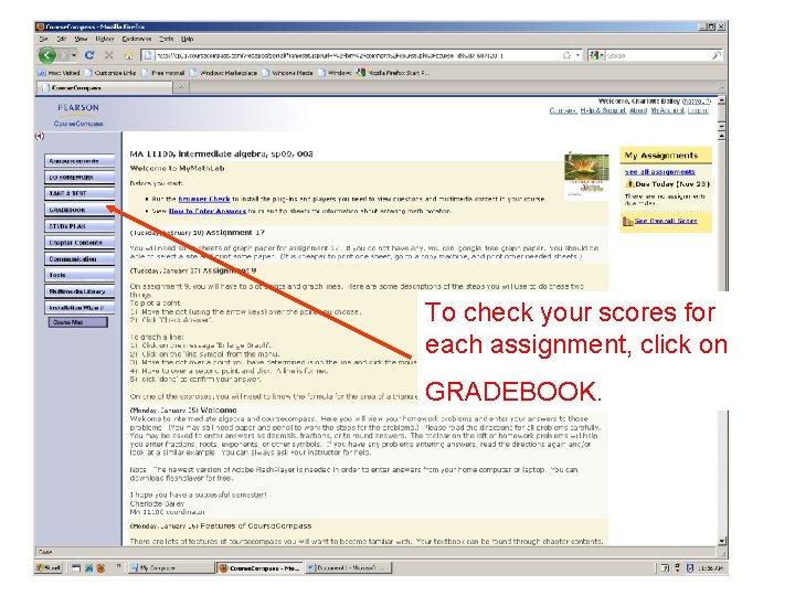 To check your scores for each assignment, click on GRADEBOOK. 