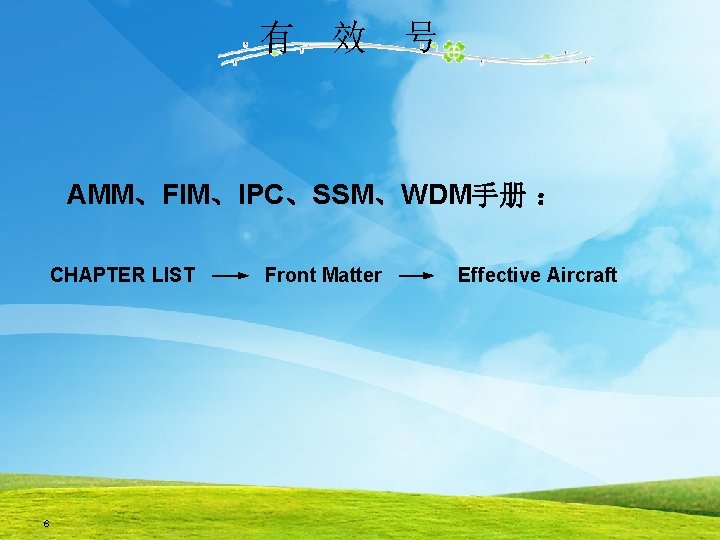 有 效 号 AMM、FIM、IPC、SSM、WDM手册 ： CHAPTER LIST 6 Front Matter Effective Aircraft 