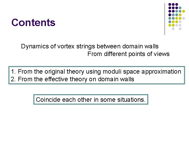 Contents Dynamics of vortex strings between domain walls From different points of views 1.