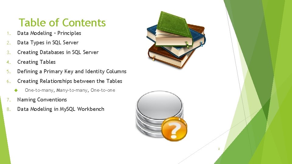 Table of Contents 1. Data Modeling – Principles 2. Data Types in SQL Server