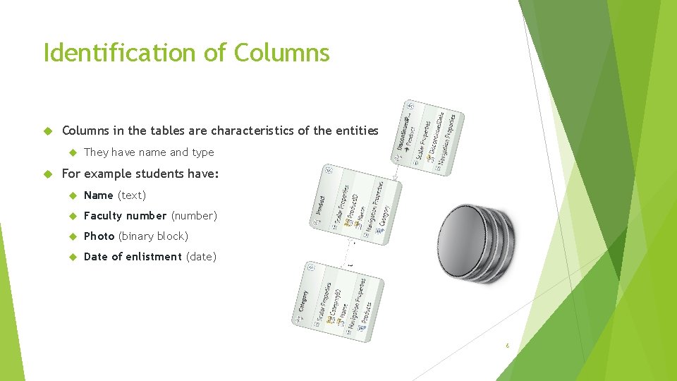 Identification of Columns in the tables are characteristics of the entities They have name