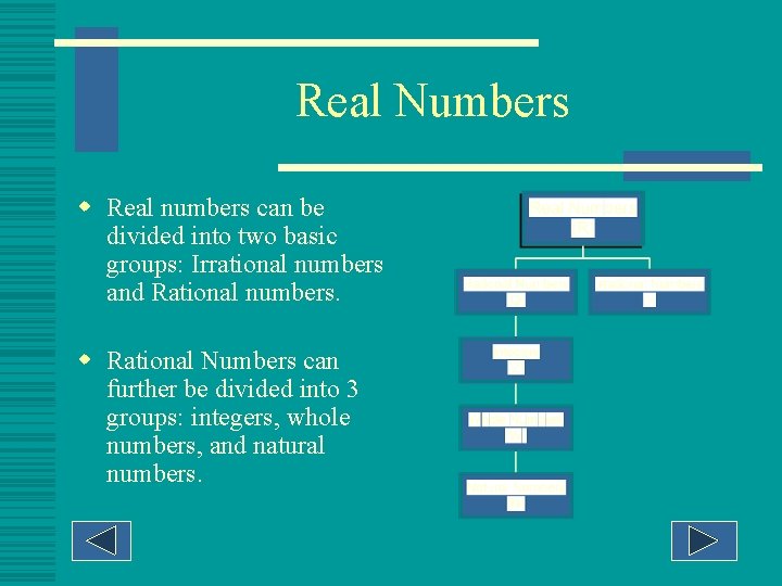 Real Numbers w Real numbers can be divided into two basic groups: Irrational numbers