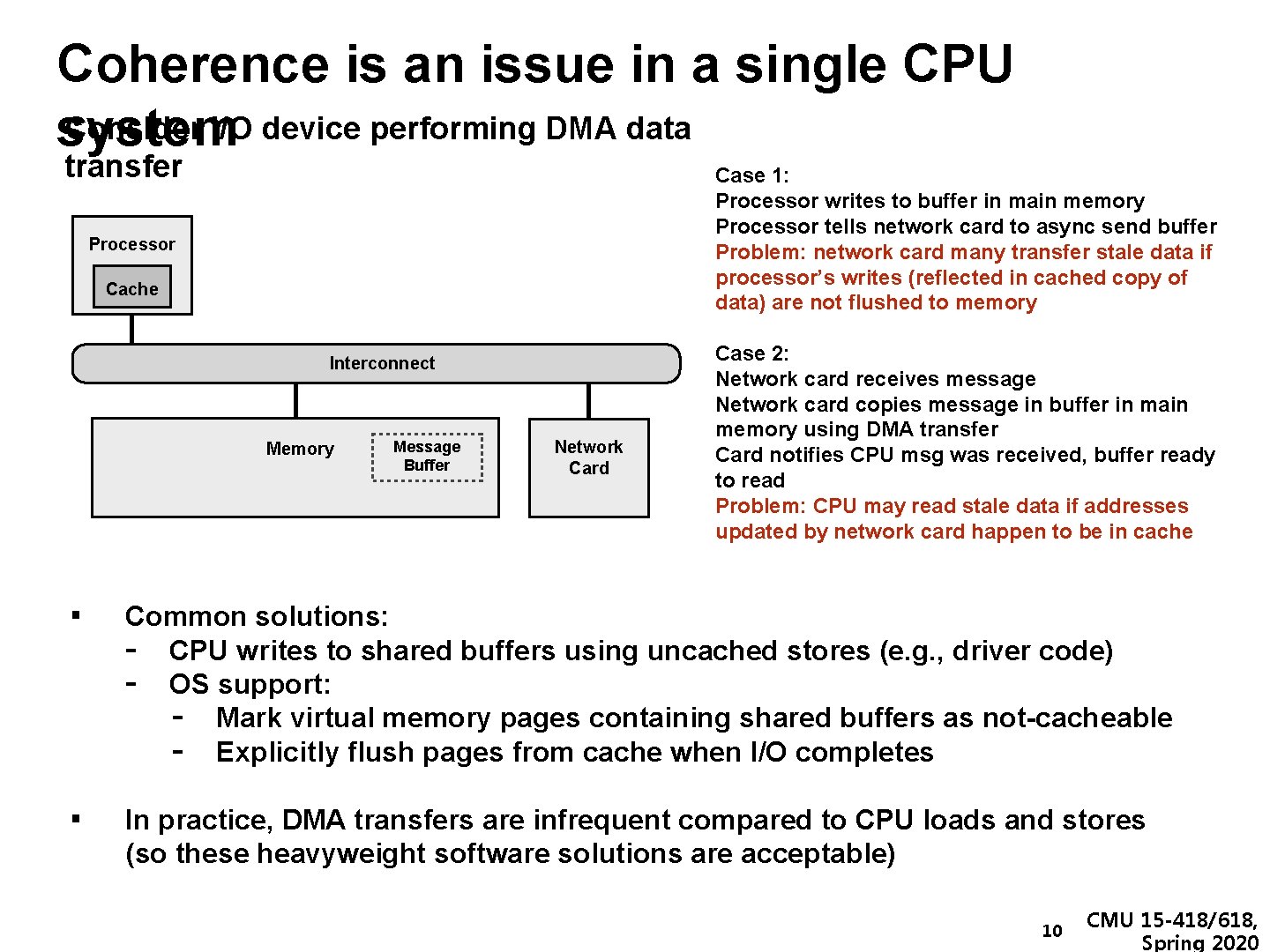 Coherence is an issue in a single CPU Consider I/O device performing DMA data