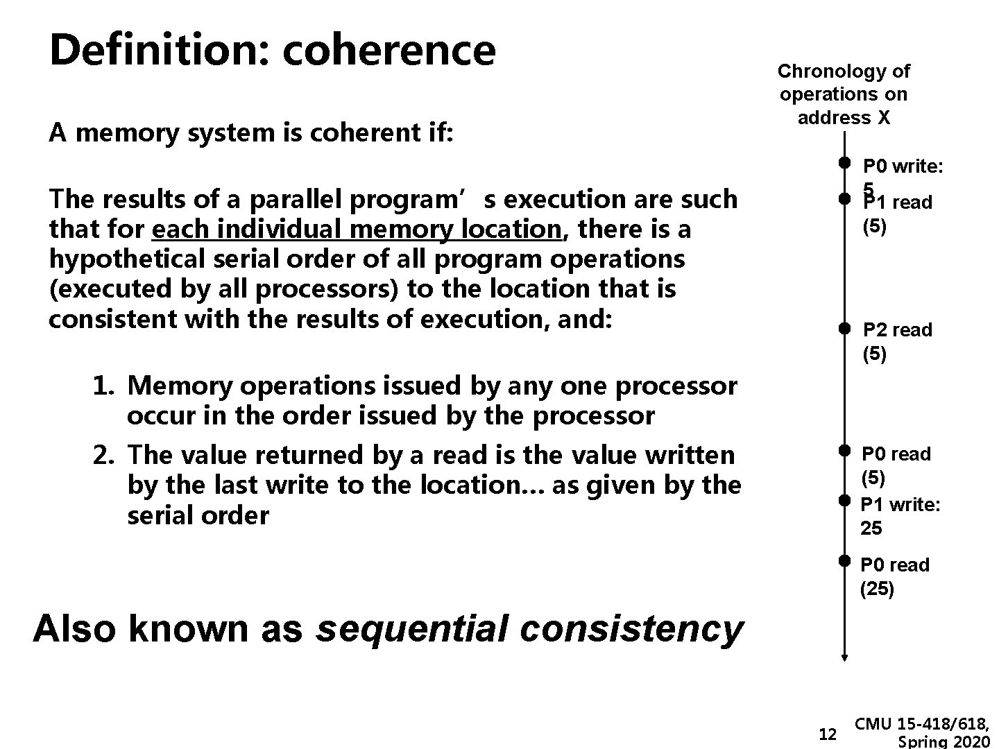 Definition: coherence A memory system is coherent if: Chronology of operations on address X