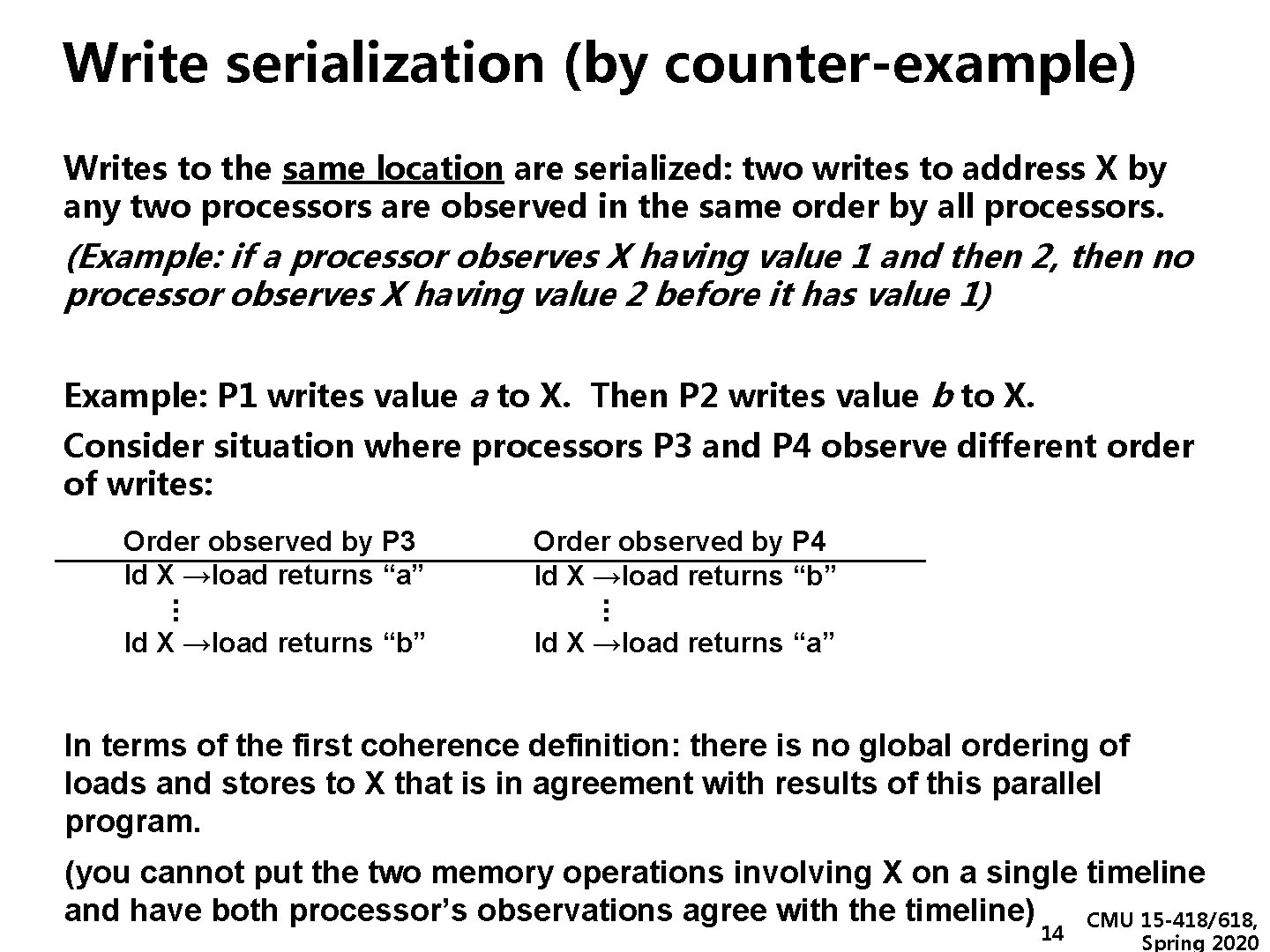 Write serialization (by counter-example) Writes to the same location are serialized: two writes to