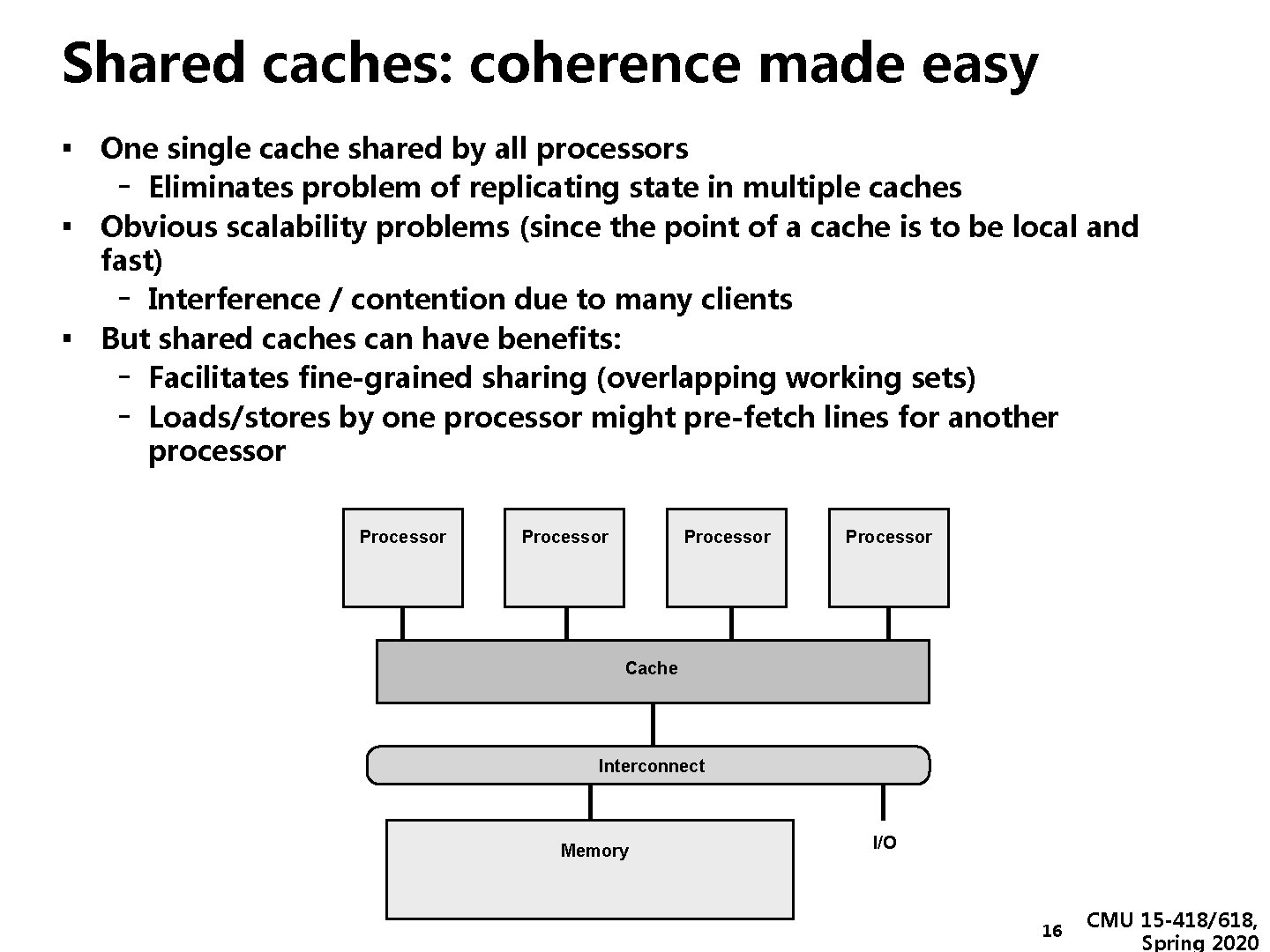 Shared caches: coherence made easy ▪ One single cache shared by all processors ▪