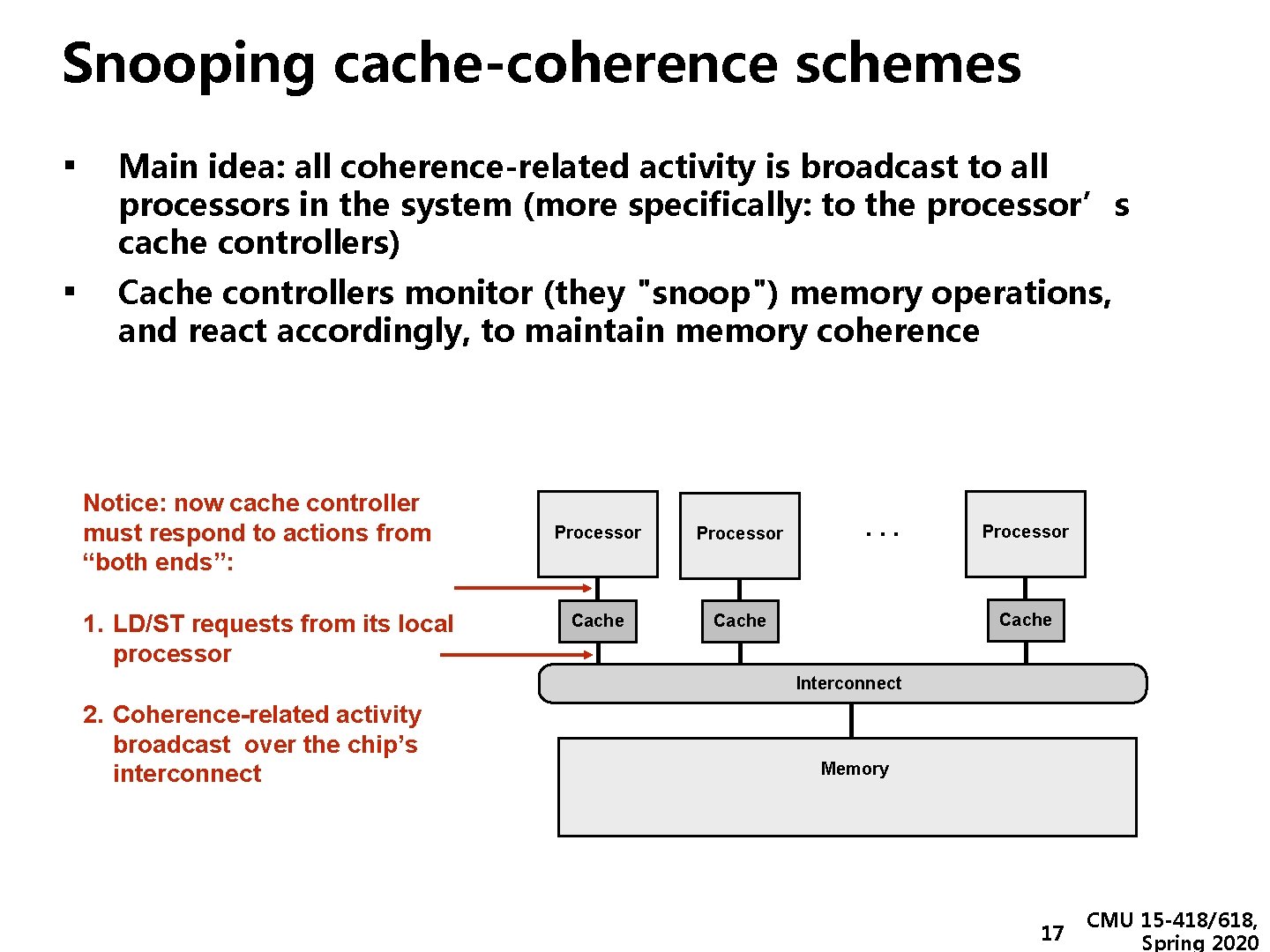Snooping cache-coherence schemes ▪ Main idea: all coherence-related activity is broadcast to all processors