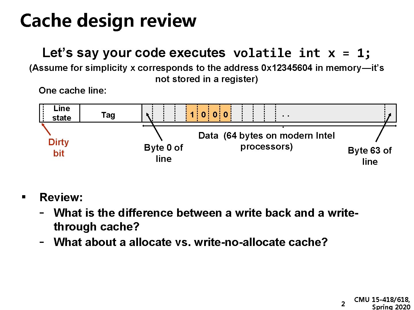 Cache design review Let’s say your code executes volatile int x = 1; (Assume