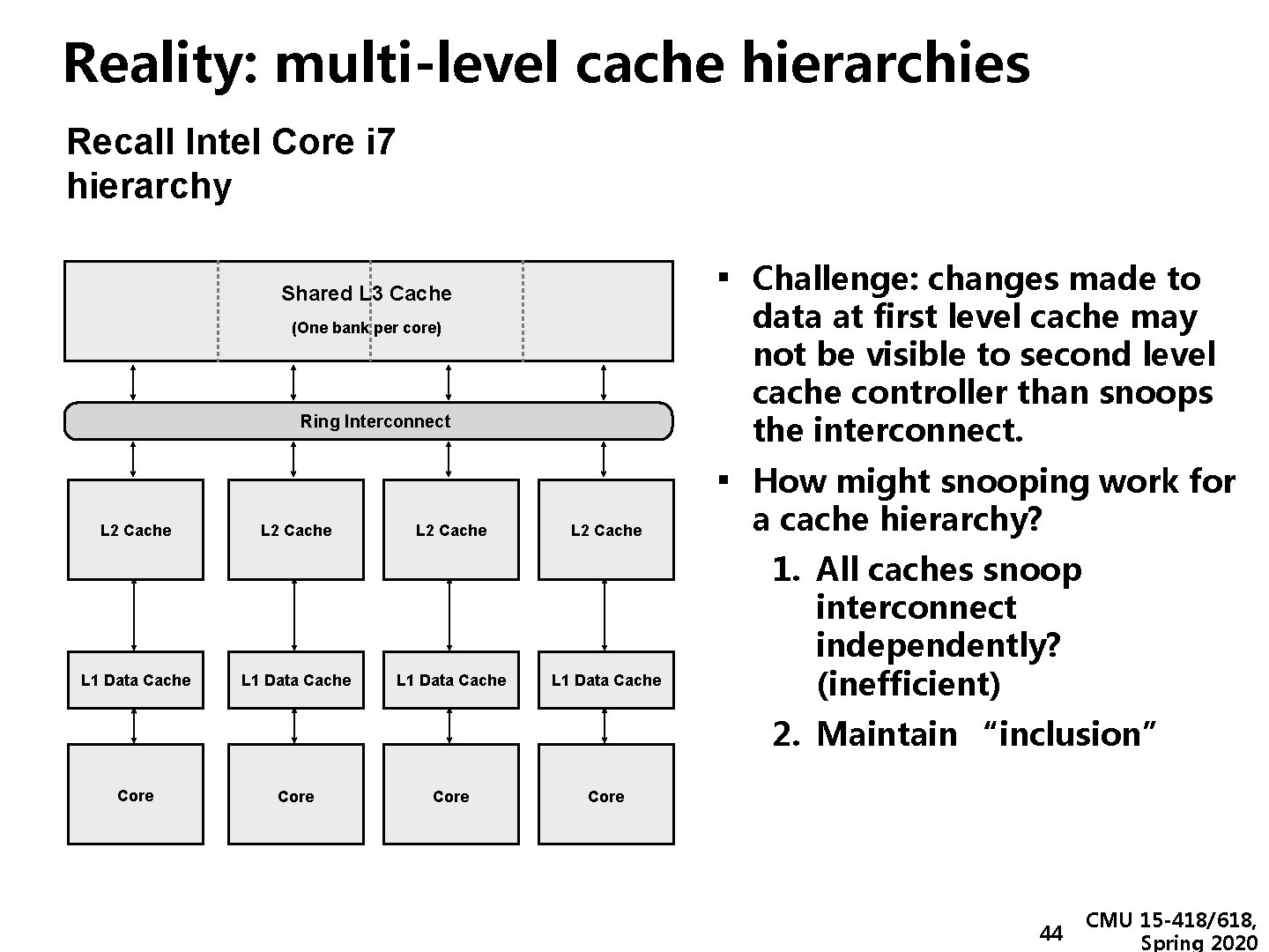 Reality: multi-level cache hierarchies Recall Intel Core i 7 hierarchy ▪ Challenge: changes made