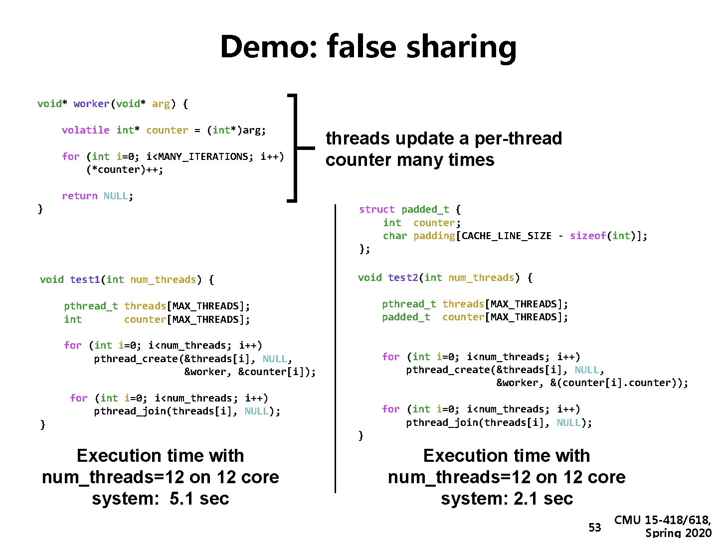 Demo: false sharing void* worker(void* arg) { volatile int* counter = (int*)arg; for (int