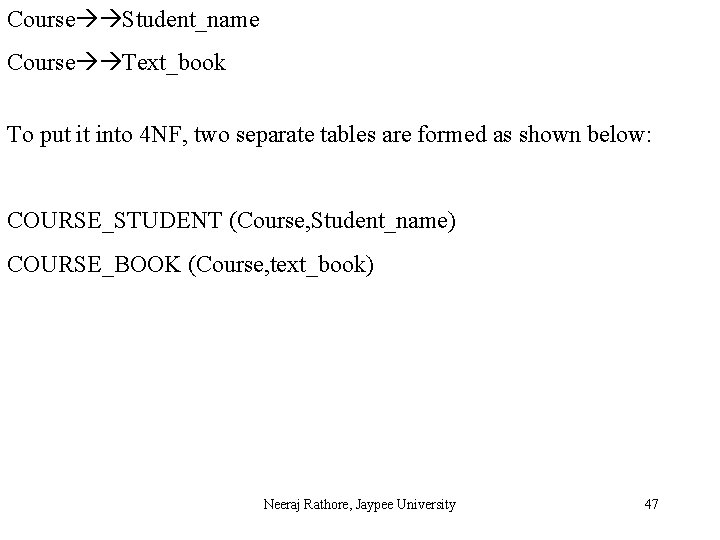 Course Student_name Course Text_book To put it into 4 NF, two separate tables are