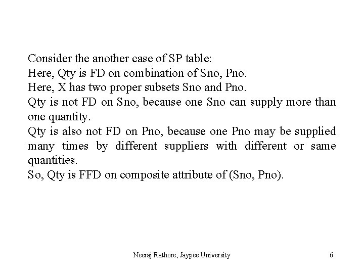 Consider the another case of SP table: Here, Qty is FD on combination of