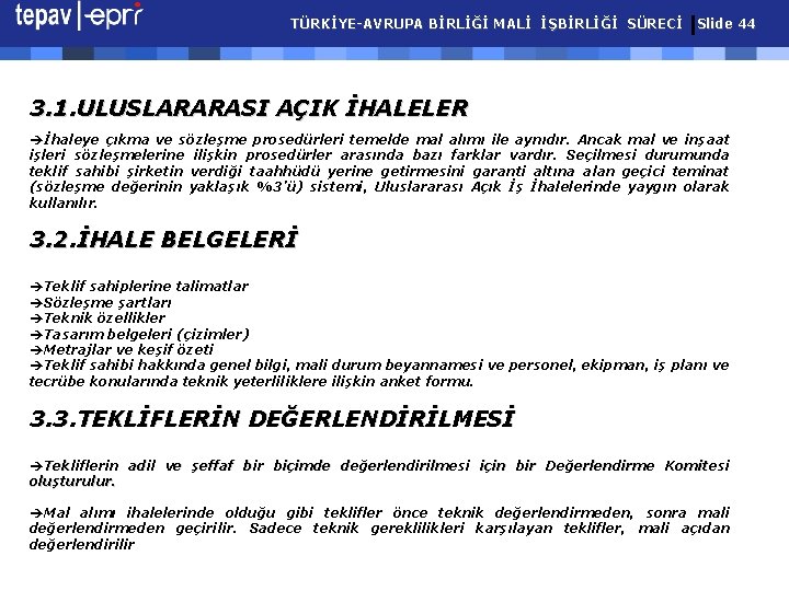 TÜRKİYE-AVRUPA BİRLİĞİ MALİ İŞBİRLİĞİ SÜRECİ Slide 44 3. 1. ULUSLARARASI AÇIK İHALELER èİhaleye çıkma