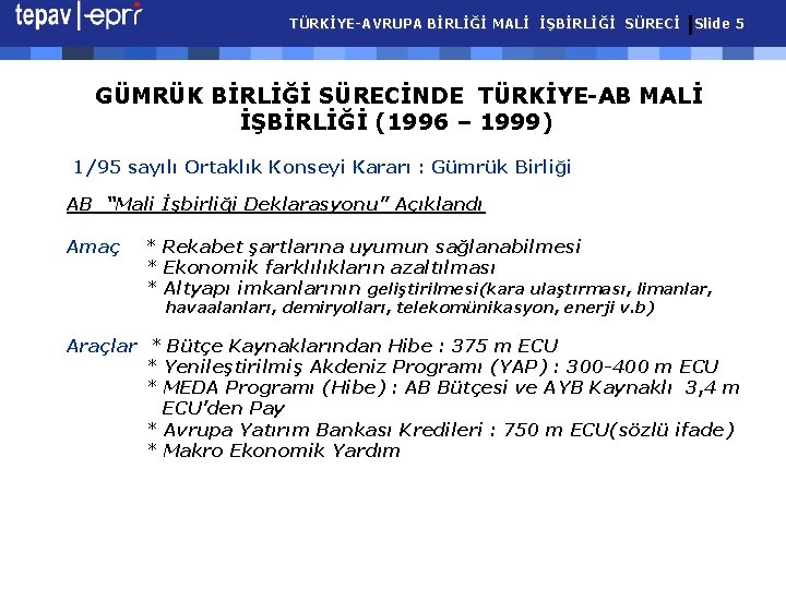 TÜRKİYE-AVRUPA BİRLİĞİ MALİ İŞBİRLİĞİ SÜRECİ Slide 5 GÜMRÜK BİRLİĞİ SÜRECİNDE TÜRKİYE-AB MALİ İŞBİRLİĞİ (1996