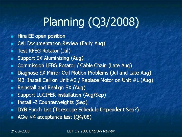 Planning (Q 3/2008) Hire EE open position Cell Documentation Review (Early Aug) Test RFBG