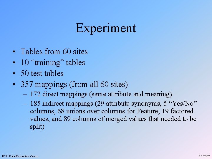 Experiment • • Tables from 60 sites 10 “training” tables 50 test tables 357