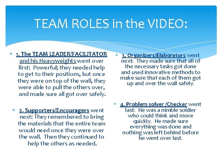 TEAM ROLES in the VIDEO: 1. The TEAM LEADER/FACILITATOR and his Heavyweights went over