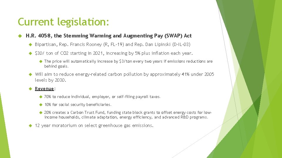 Current legislation: H. R. 4058, the Stemming Warming and Augmenting Pay (SWAP) Act Bipartisan,