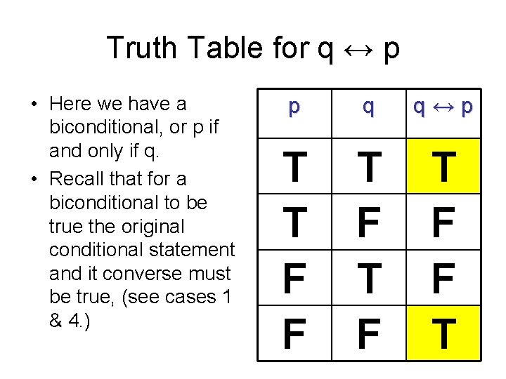 Truth Table for q ↔ p • Here we have a biconditional, or p