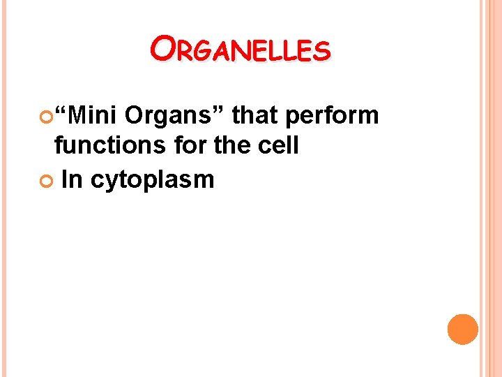 ORGANELLES “Mini Organs” that perform functions for the cell In cytoplasm 