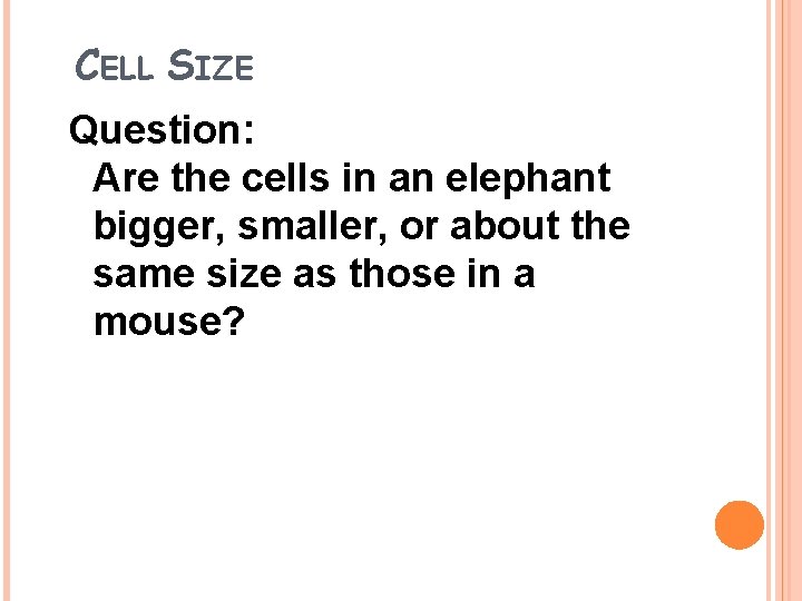 CELL SIZE Question: Are the cells in an elephant bigger, smaller, or about the