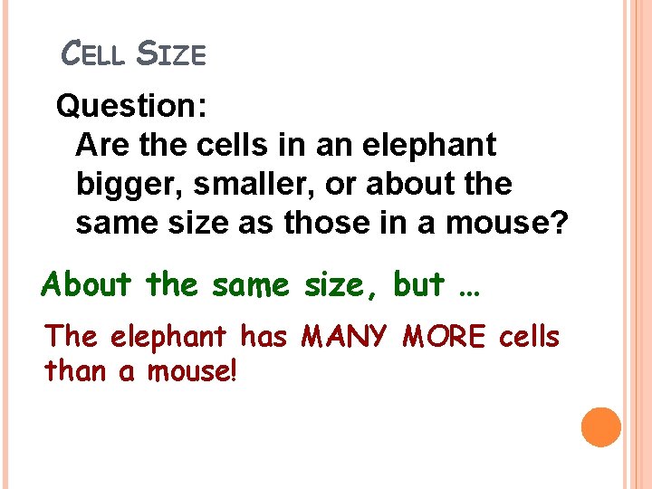 CELL SIZE Question: Are the cells in an elephant bigger, smaller, or about the