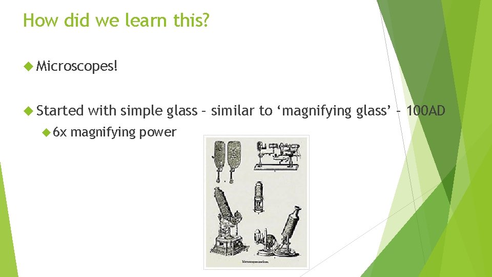 How did we learn this? Microscopes! Started 6 x with simple glass – similar