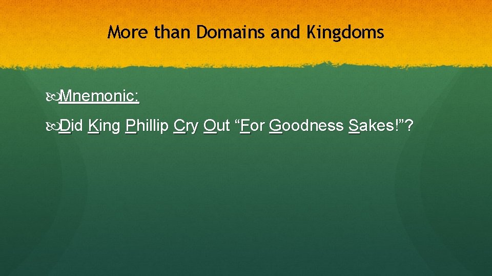 More than Domains and Kingdoms Mnemonic: Did King Phillip Cry Out “For Goodness Sakes!”?