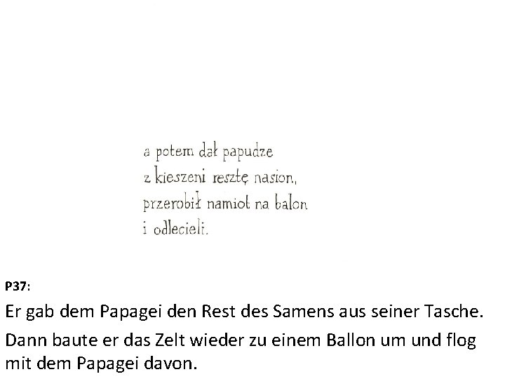 P 37: Er gab dem Papagei den Rest des Samens aus seiner Tasche. Dann