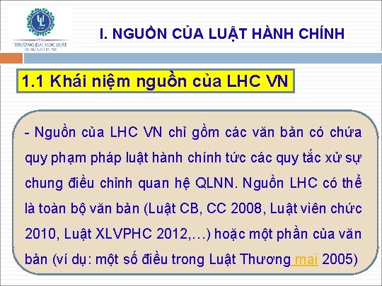 I. NGUỒN CỦA LUẬT HÀNH CHÍNH 1. 1 Khái niệm nguồn của LHC VN