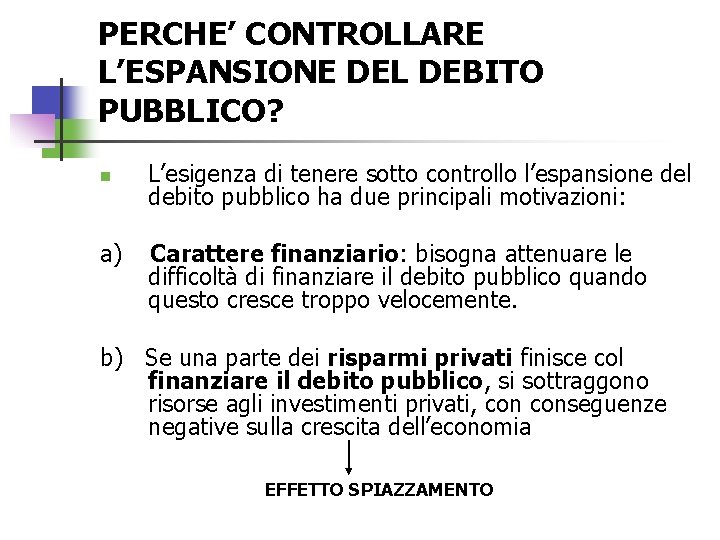 PERCHE’ CONTROLLARE L’ESPANSIONE DEL DEBITO PUBBLICO? n a) L’esigenza di tenere sotto controllo l’espansione