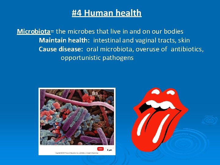 #4 Human health Microbiota= the microbes that live in and on our bodies Maintain