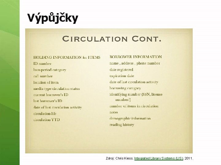 Výpůjčky Zdroj: Chris Kiess. Integrated Library Systems (LIS). 2011. 