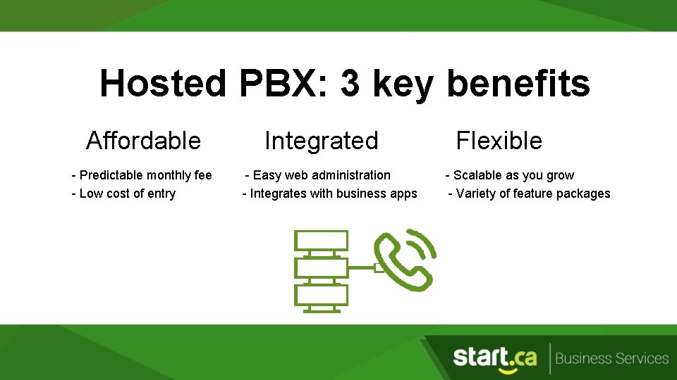 Hosted PBX: 3 key benefits Affordable - Predictable monthly fee - Low cost of