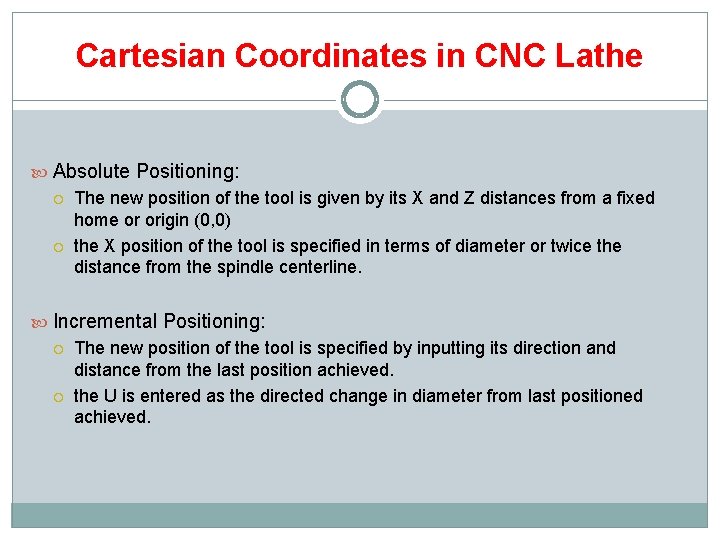 Cartesian Coordinates in CNC Lathe Absolute Positioning: The new position of the tool is