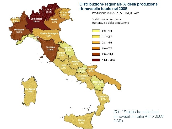 Distribuzione regionale % della produzione rinnovabile totale nel 2008 (Rif. : “Statistiche sulle fonti