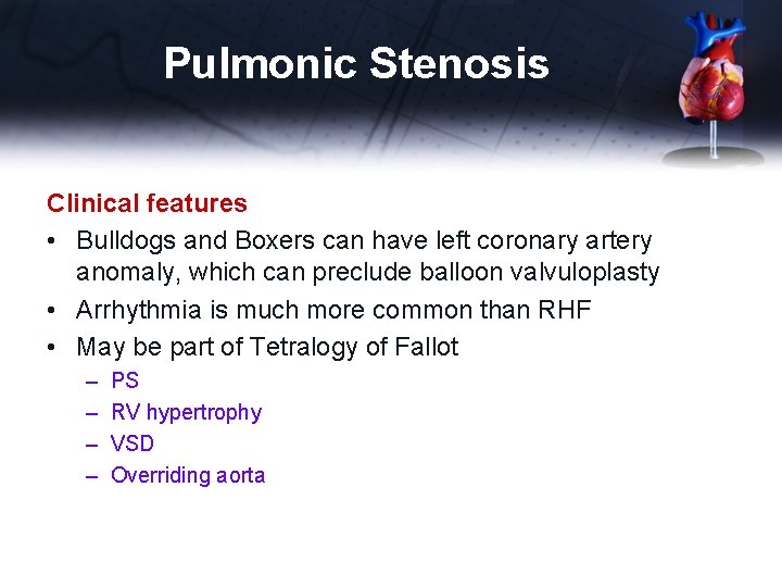 Pulmonic Stenosis Clinical features • Bulldogs and Boxers can have left coronary artery anomaly,