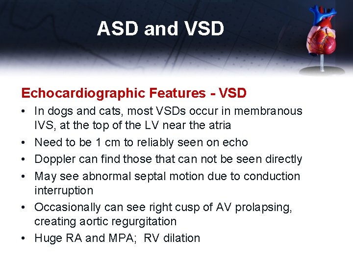 ASD and VSD Echocardiographic Features - VSD • In dogs and cats, most VSDs