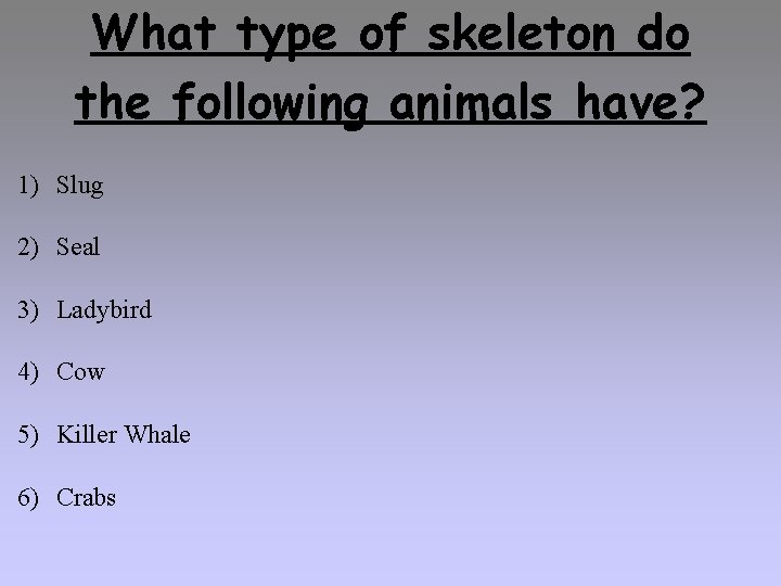 What type of skeleton do the following animals have? 1) Slug 2) Seal 3)