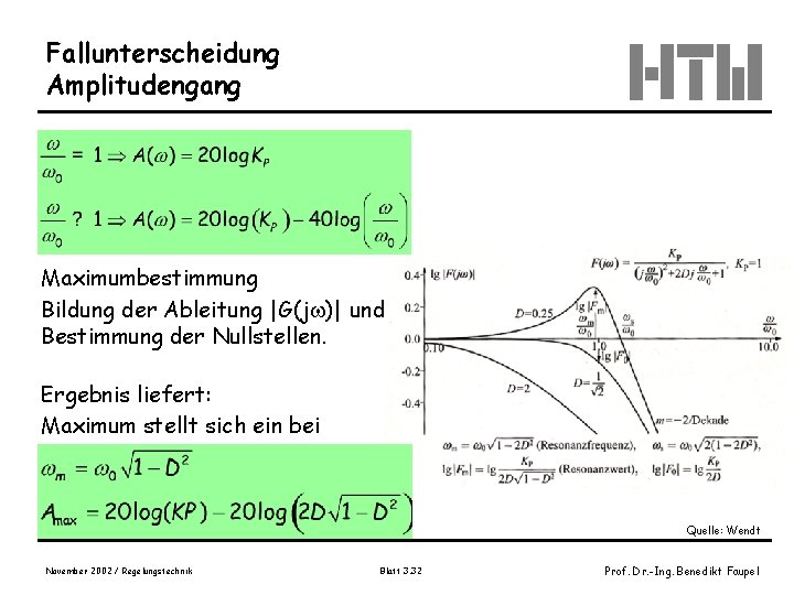 Fallunterscheidung Amplitudengang Maximumbestimmung Bildung der Ableitung |G(j )| und Bestimmung der Nullstellen. Ergebnis liefert: