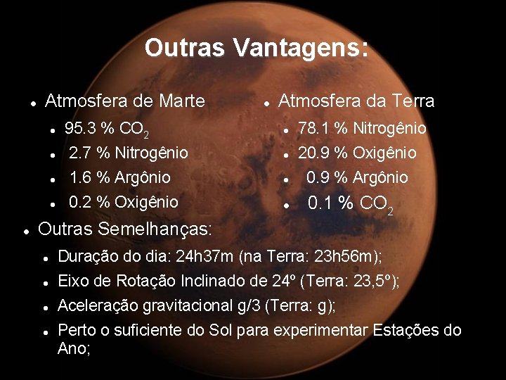Outras Vantagens: Atmosfera de Marte 95. 3 % CO 2 Atmosfera da Terra 78.