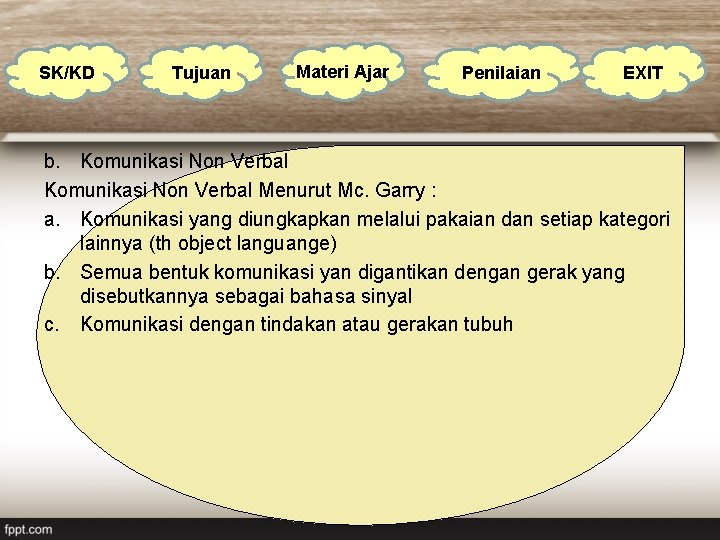 SK/KD Tujuan Materi Ajar Penilaian EXIT b. Komunikasi Non Verbal Menurut Mc. Garry :