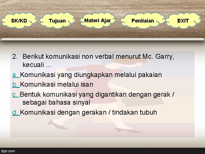 SK/KD Tujuan Materi Ajar Penilaian 2. Berikut komunikasi non verbal menurut Mc. Garry, kecuali.