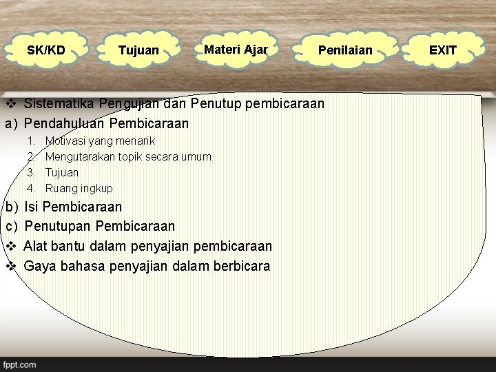 SK/KD Tujuan Materi Ajar Penilaian v Sistematika Pengujian dan Penutup pembicaraan a) Pendahuluan Pembicaraan