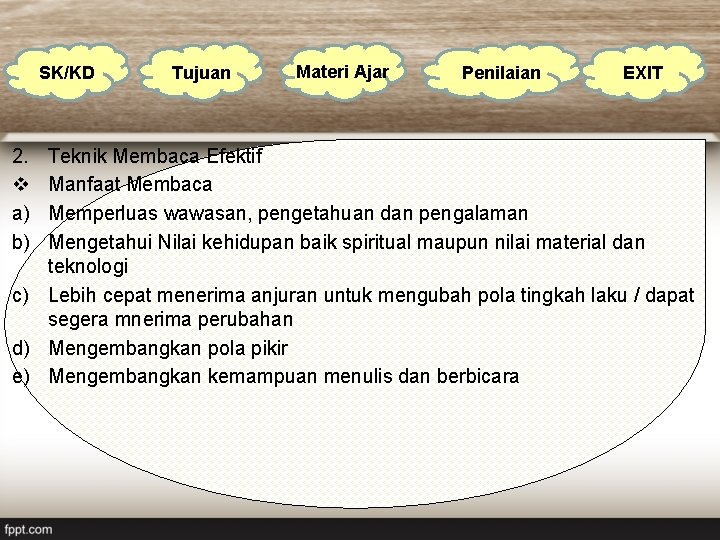 SK/KD 2. v a) b) Tujuan Materi Ajar Penilaian EXIT Teknik Membaca Efektif Manfaat