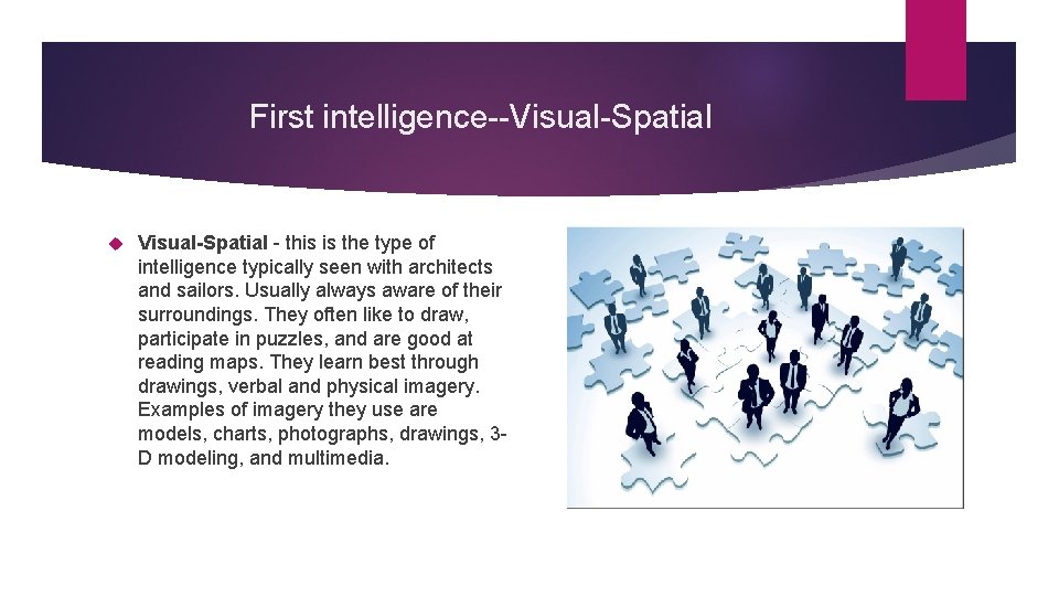 First intelligence--Visual-Spatial - this is the type of intelligence typically seen with architects and